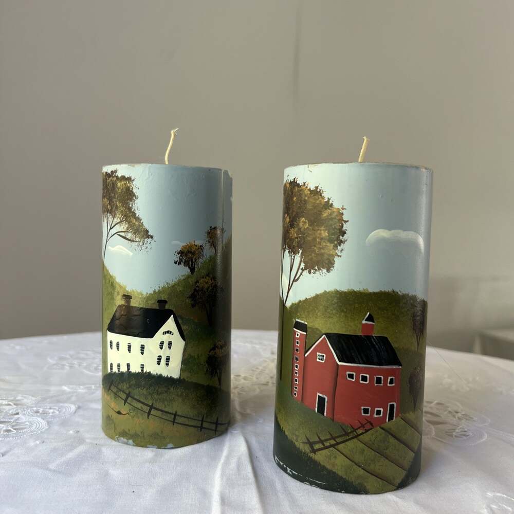 Set of 2 Rustic Farmhouse Pillar Candles Red Barn & White church Country cottage